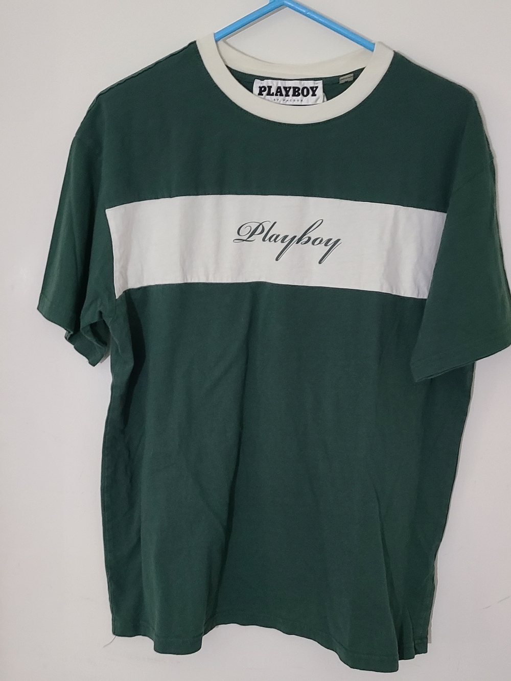 Playboy Men's Green and White T-shirt Medium
